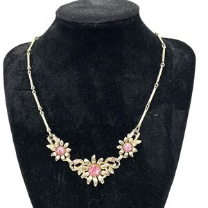 Vtg Estate‎ Choker Necklace Gold Tone Snake Bead Chain Flower Pink Rhinestone